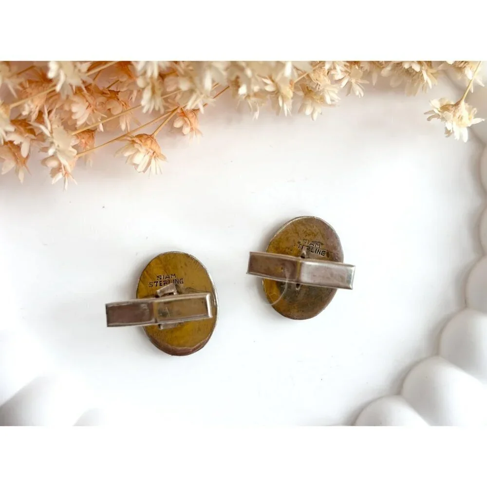 Siam Sterling Dancing Angel Oval Nielloware Enamel Vintage Black Round Cufflinks